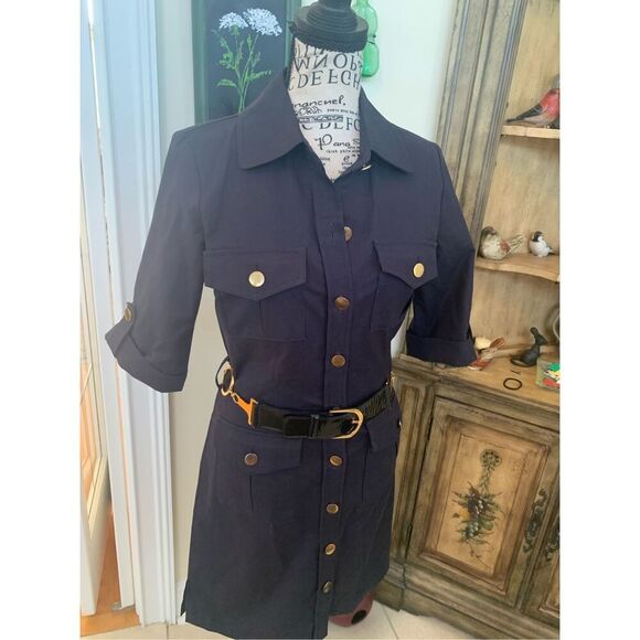 MILLY NY Dresses & Skirts - Original MILLY NY Navy Blue Retro Shirt Dress w/ Gold Chain & Leather Belt~